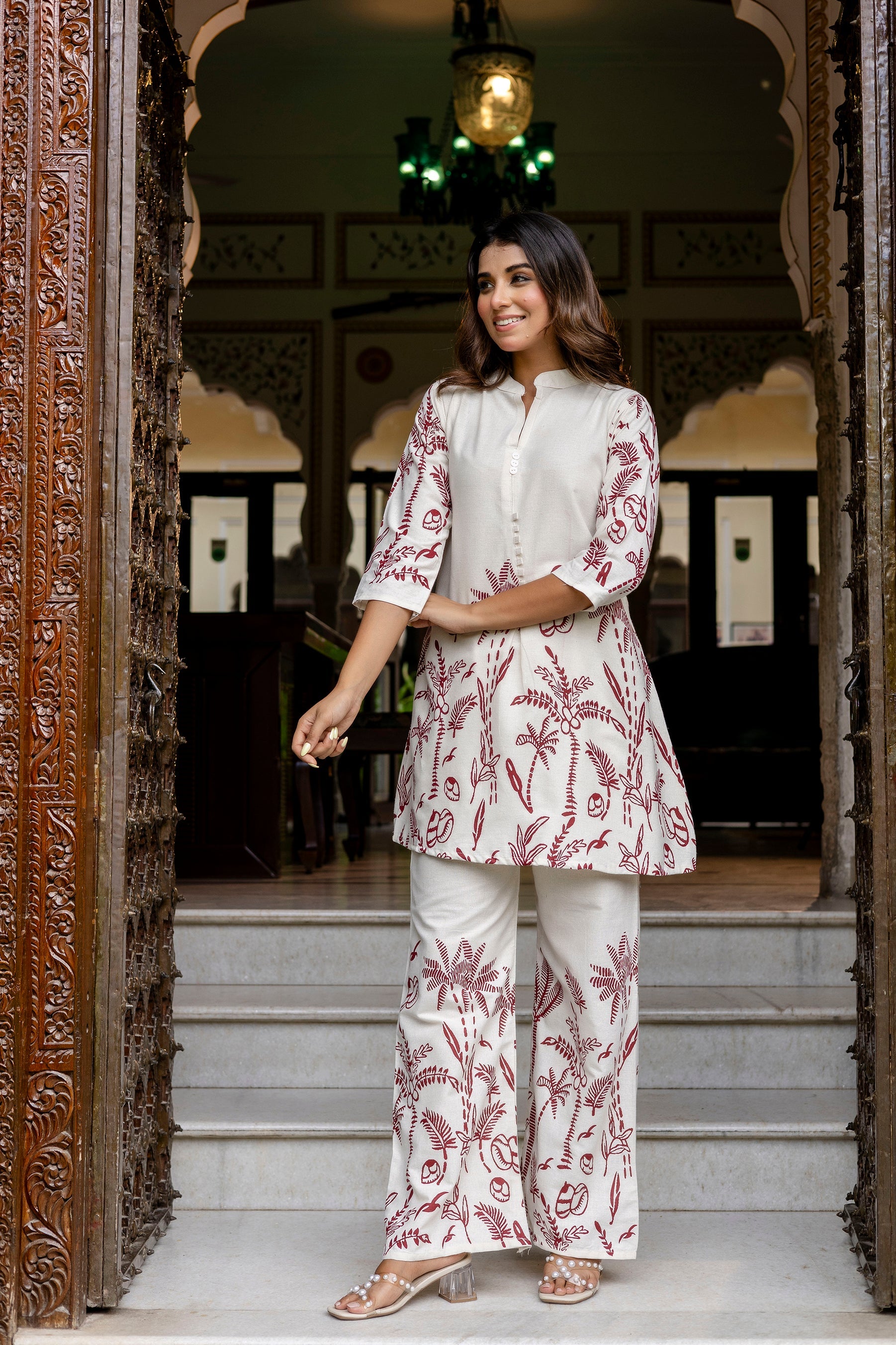 Almondbloom Off-White & Maroon Floral Cotton Flex Co-ord Set from Me&My