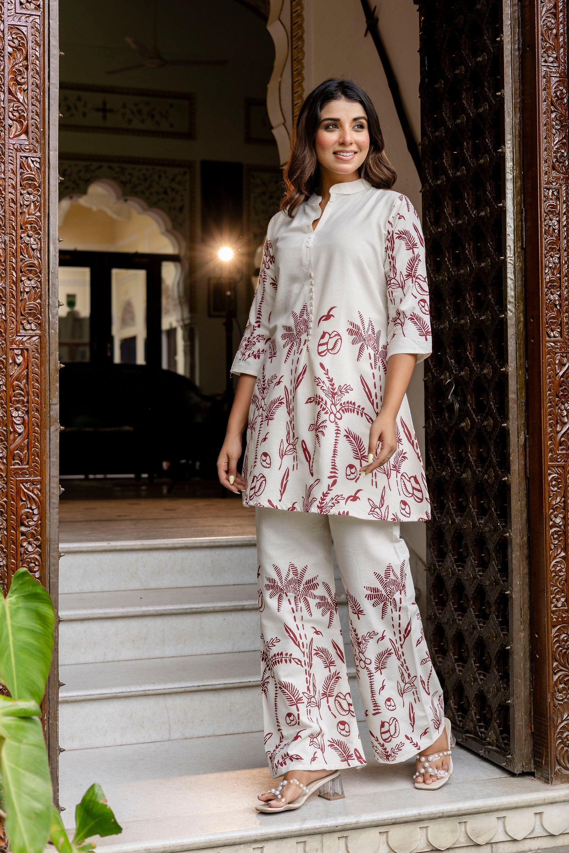 Almondbloom Off-White & Maroon Floral Cotton Flex Co-ord Set from Me&My