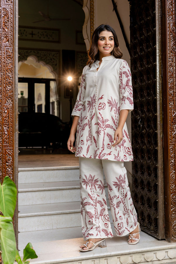 Almondbloom Off-White & Maroon Floral Cotton Flex Co-ord Set