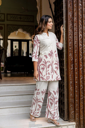 Almondbloom Off-White & Maroon Floral Cotton Flex Co-ord Set