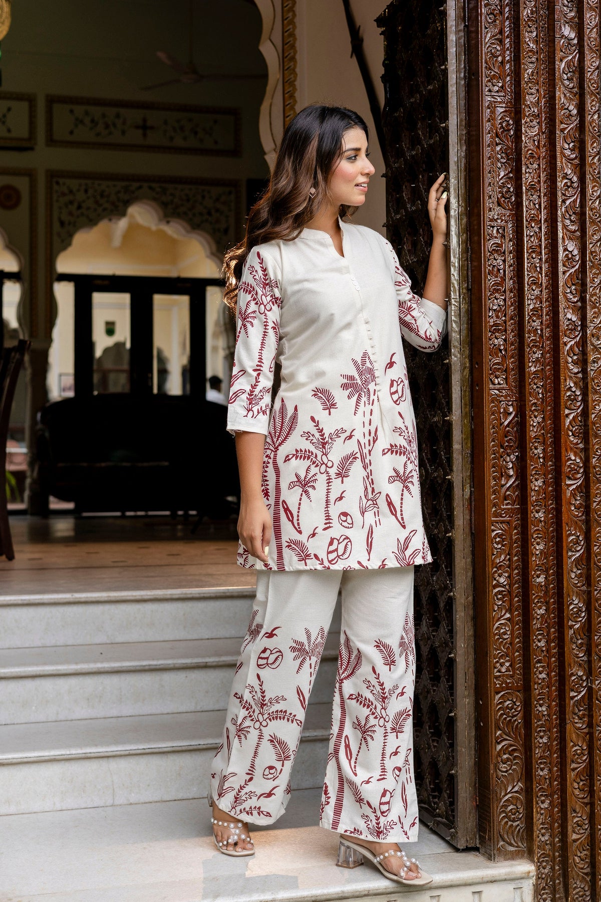 Almondbloom Off-White & Maroon Floral Cotton Flex Co-ord Set from Me&My
