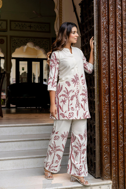 Almondbloom Off-White & Maroon Floral Cotton Flex Co-ord Set - Me&My