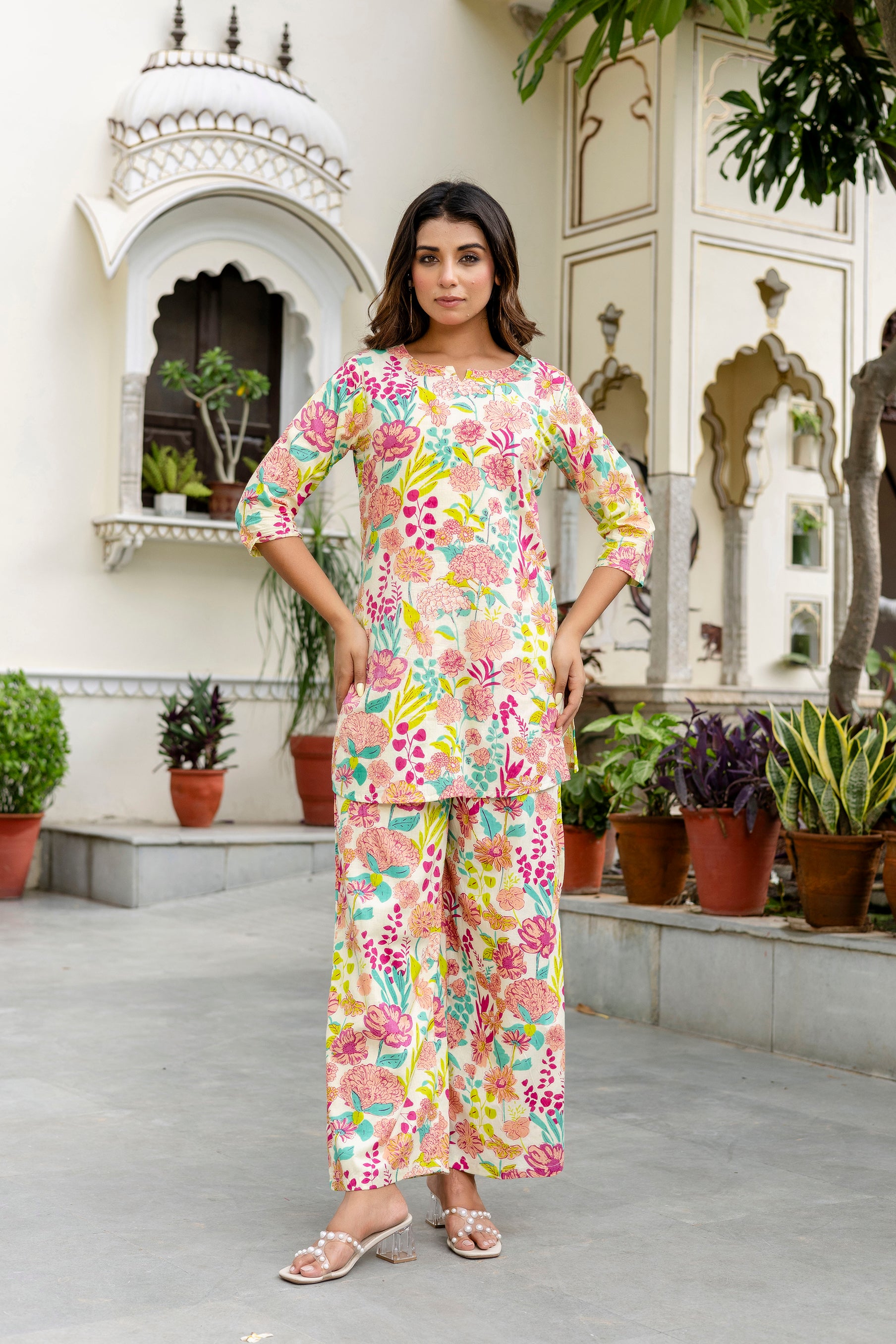 Off-White Cotton Floral Co-ord Set