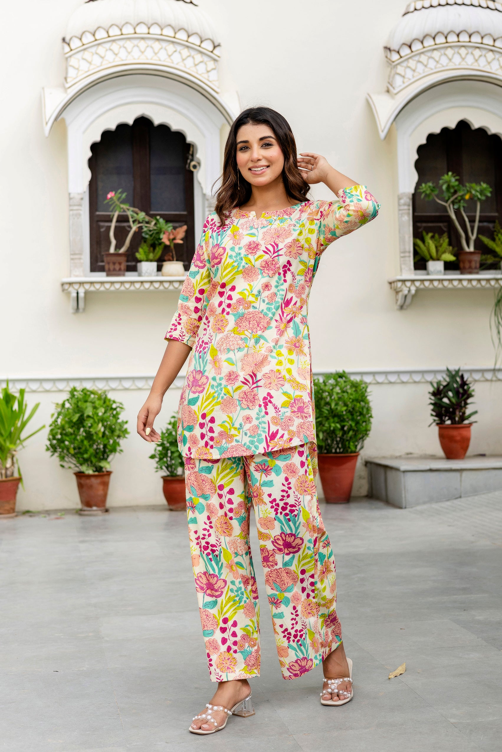 Off-White Cotton Floral Co-ord Set