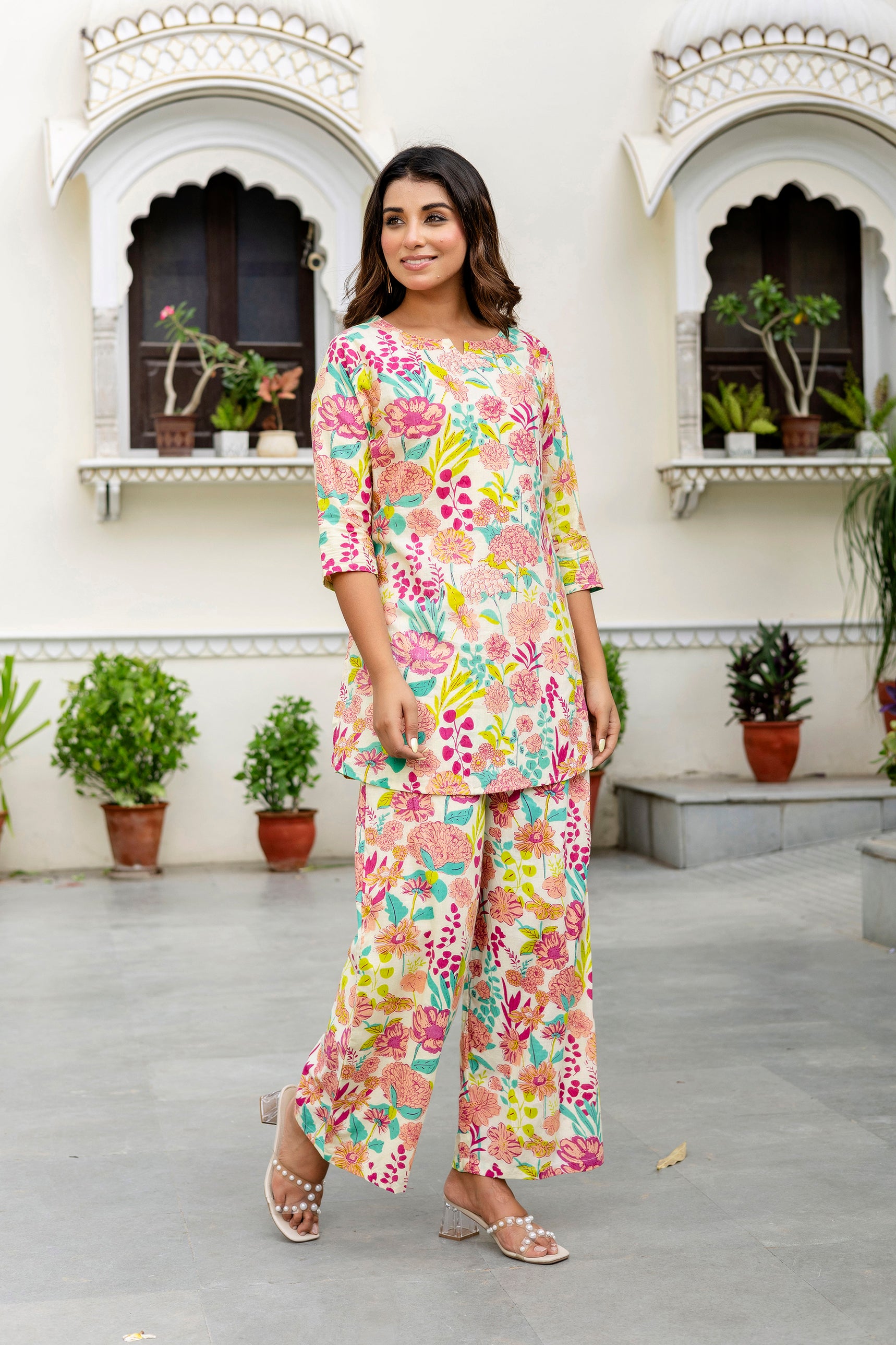 Off-White Cotton Floral Co-ord Set