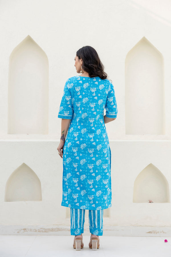 Cotton Bloom Blue Dupatta Set