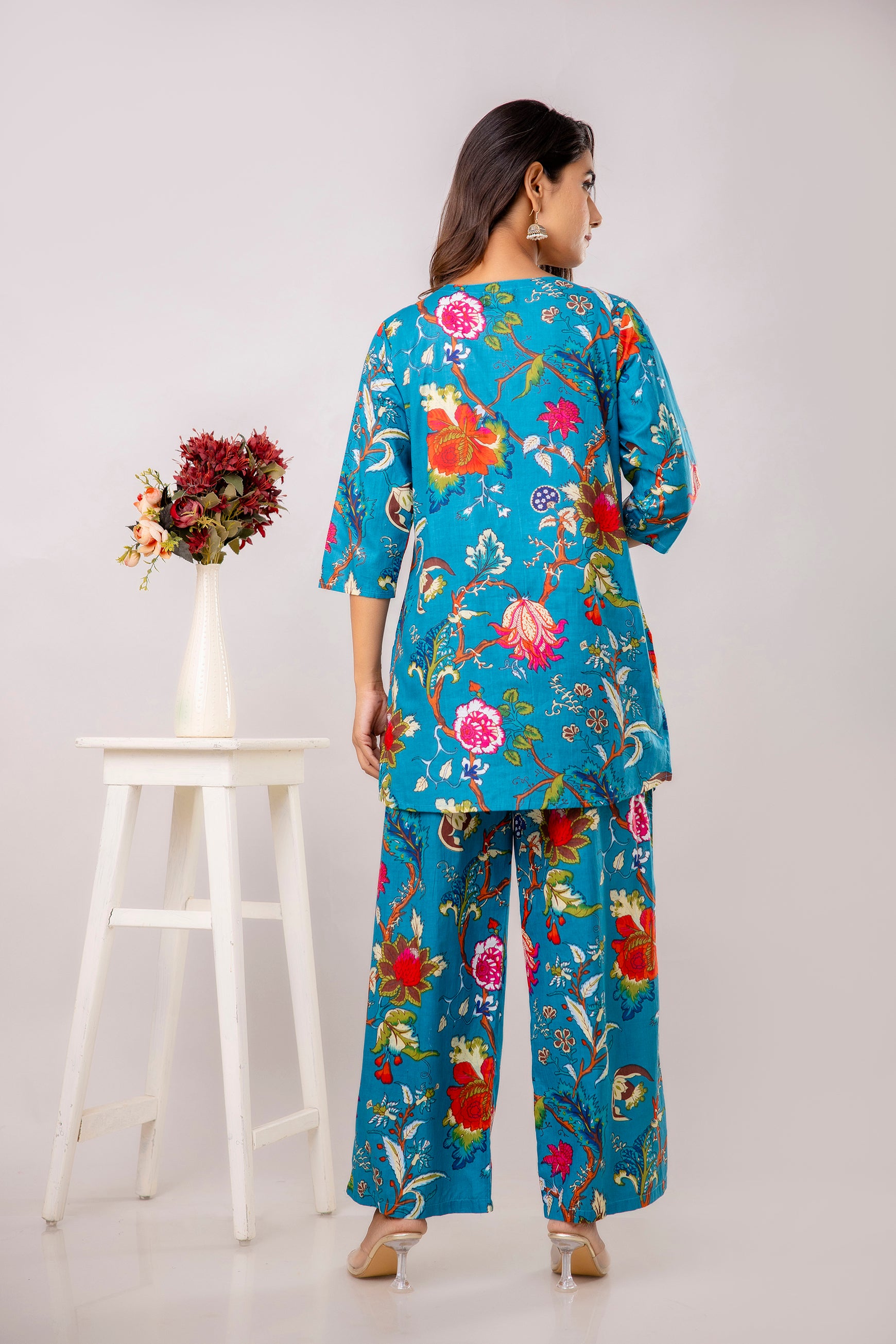 Turquoise Cotton Floral Co-ord Set