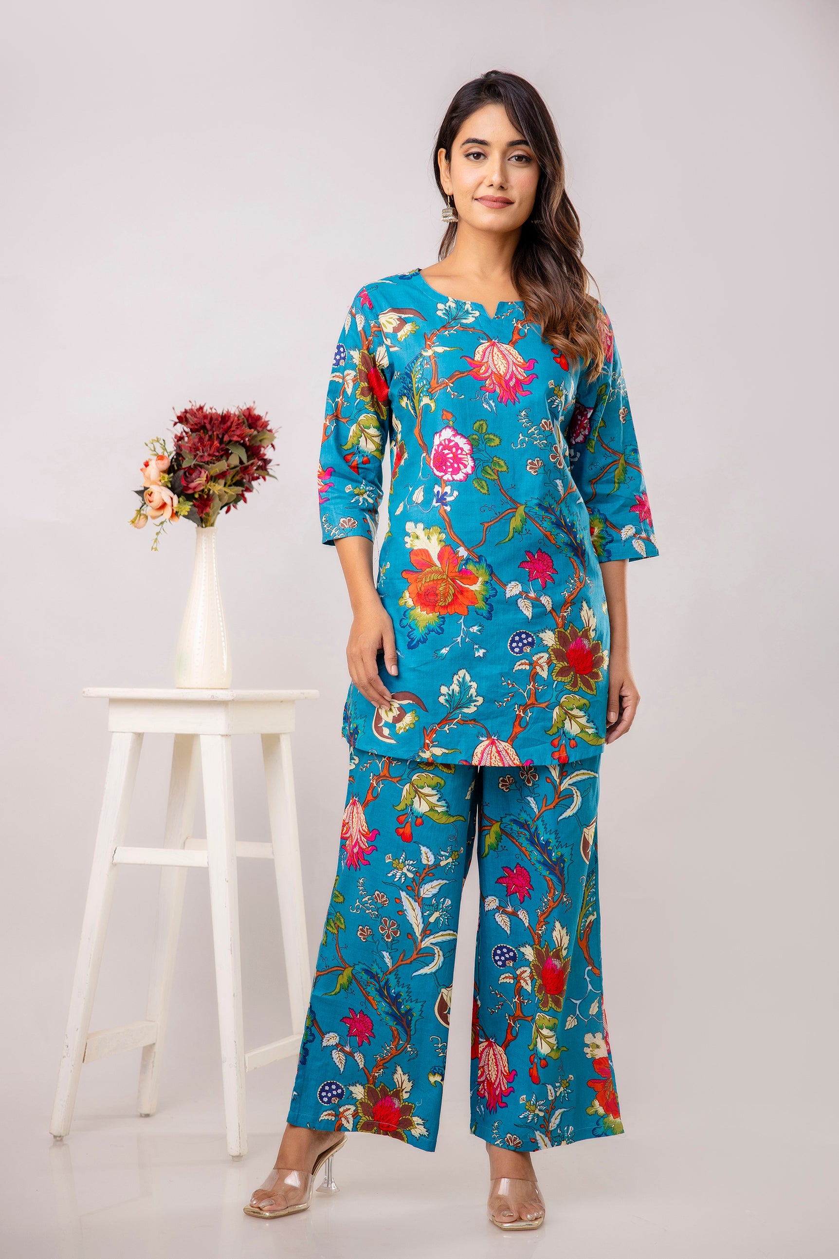 Turquoise Cotton Floral Co-ord Set