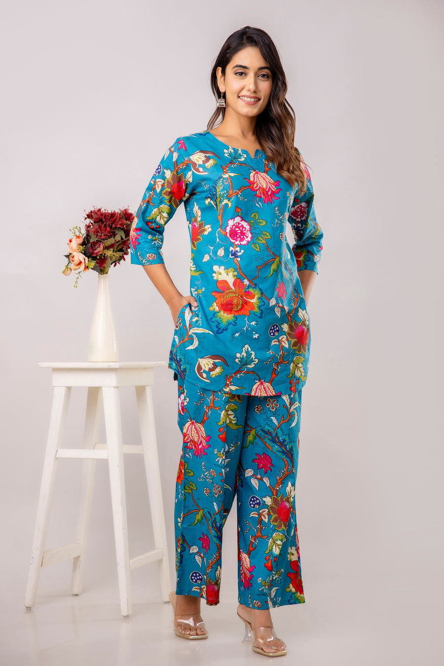 Turquoise Cotton Floral Co-ord Set — image 4