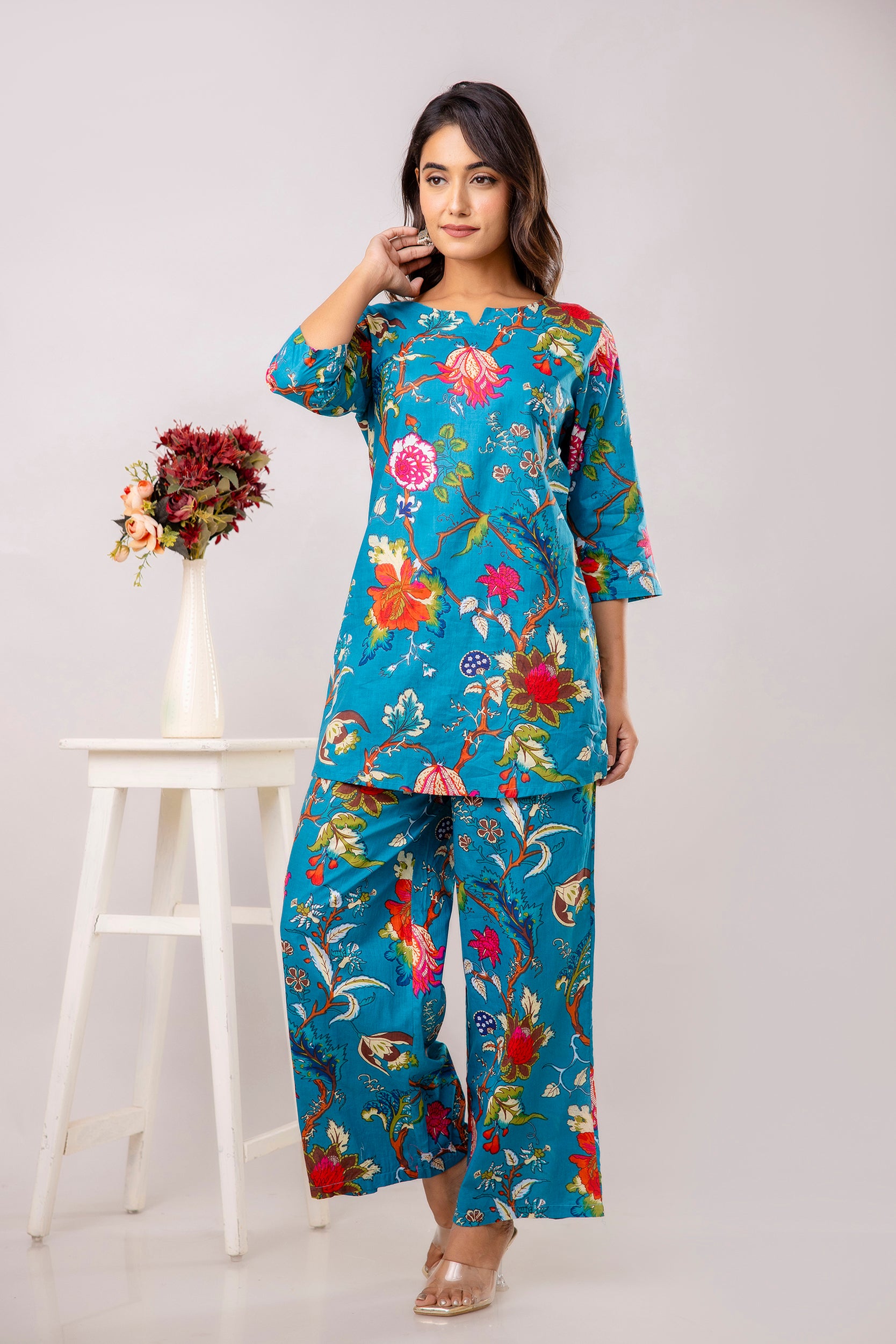 Turquoise Cotton Floral Co-ord Set