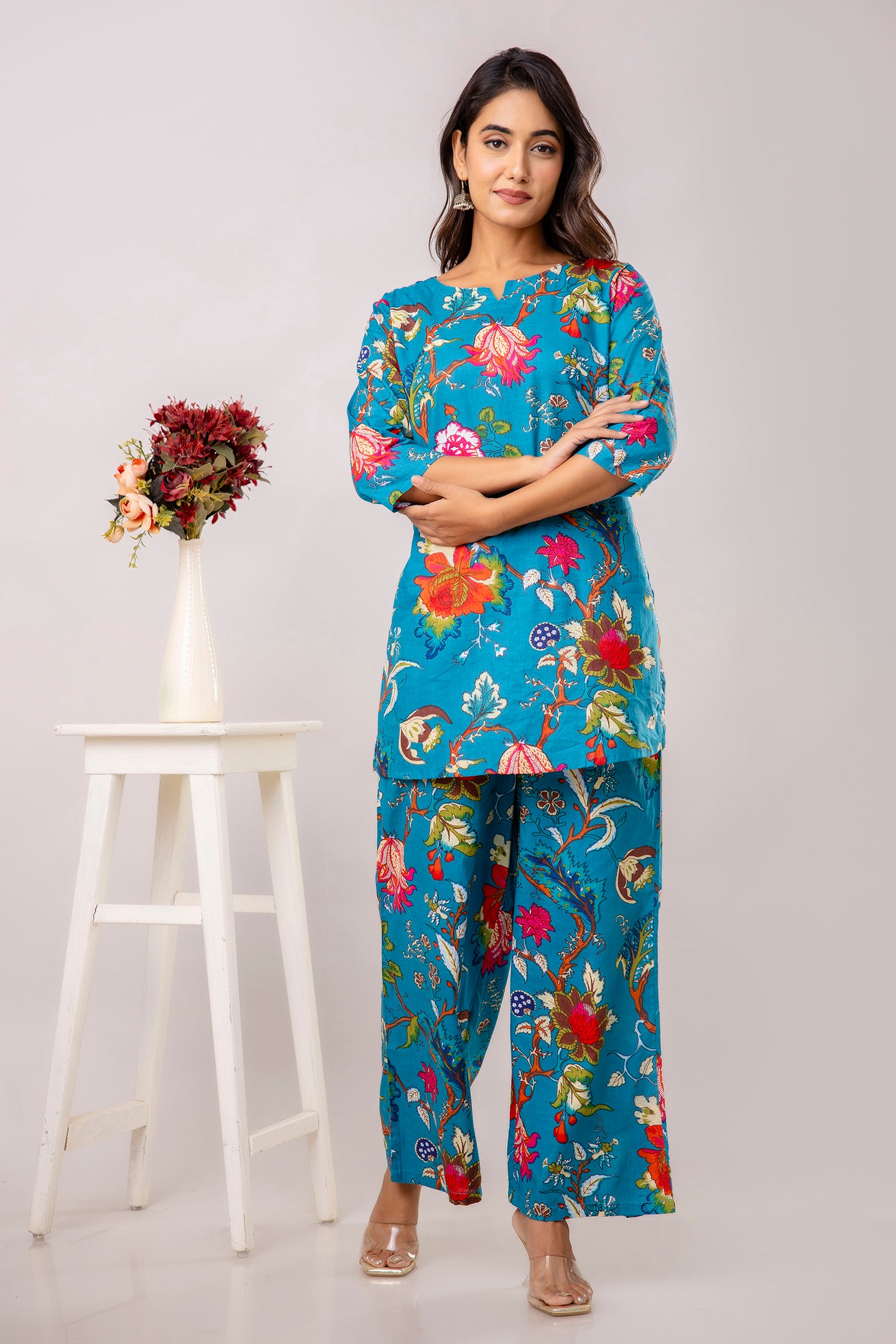 Turquoise Cotton Floral Co-ord Set