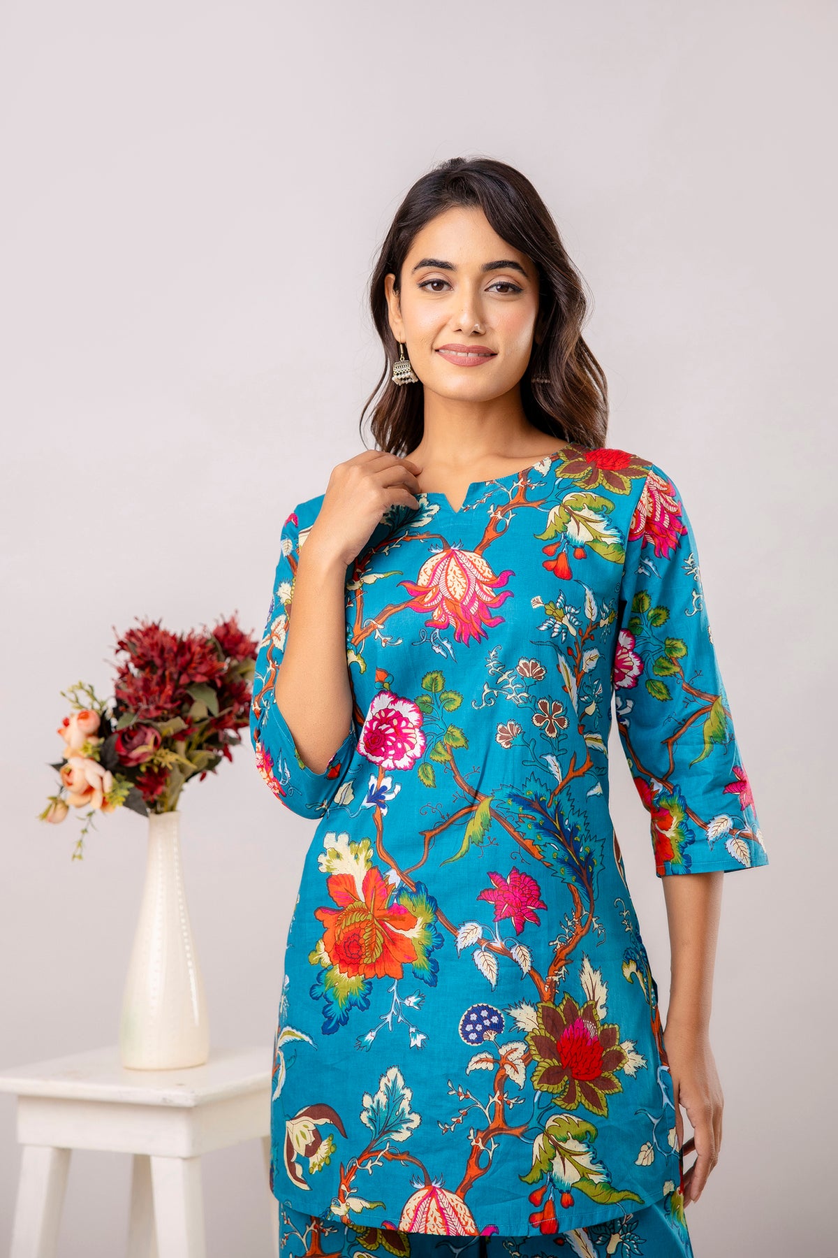 Turquoise Cotton Floral Co-ord Set