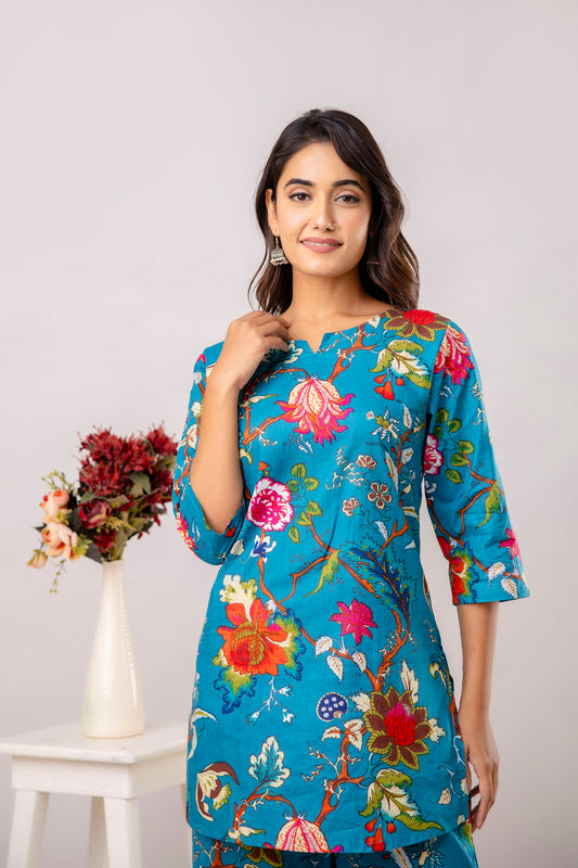 Turquoise Cotton Floral Co-ord Set - Me&My