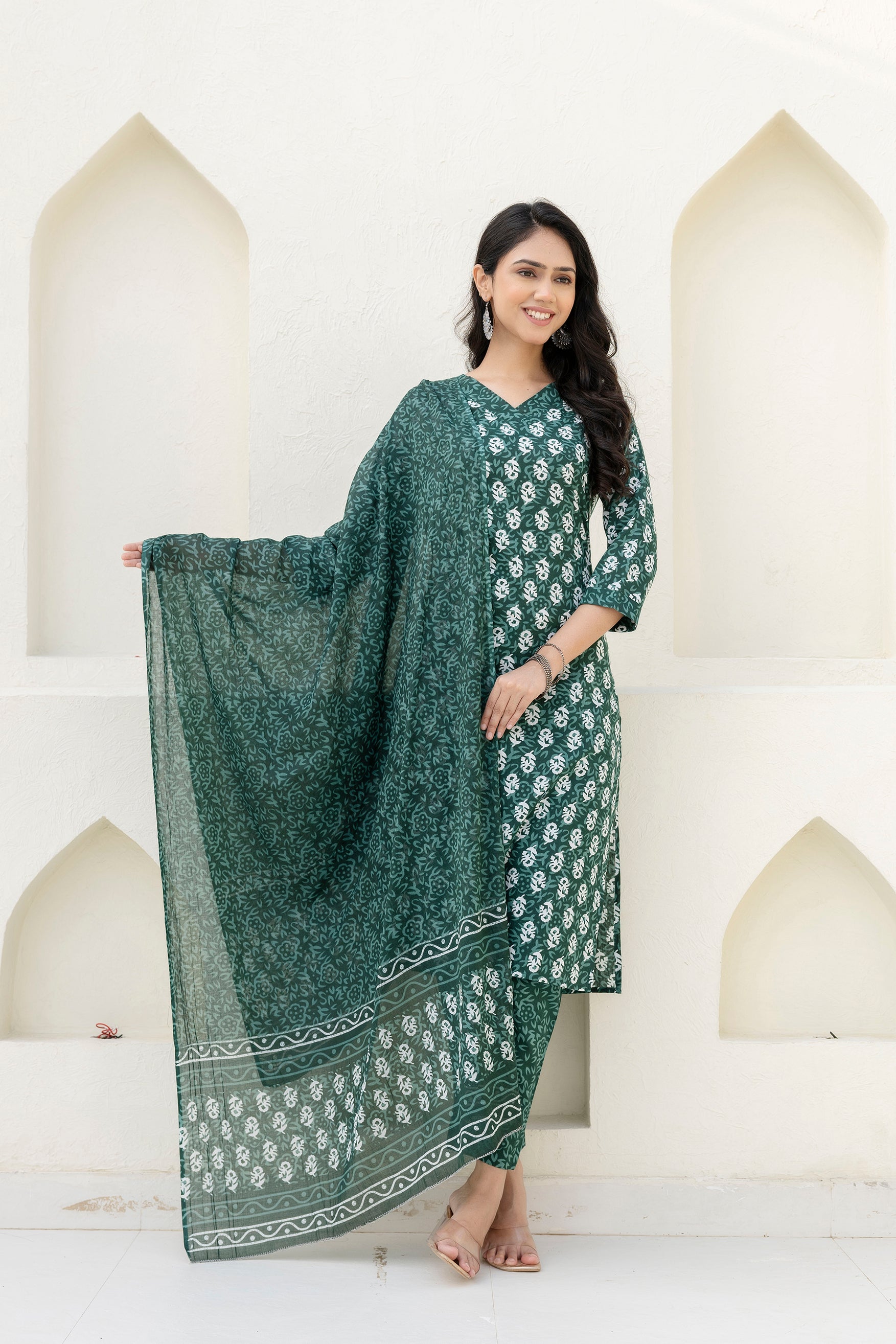Green Cotton Dupatta Set from Me&My