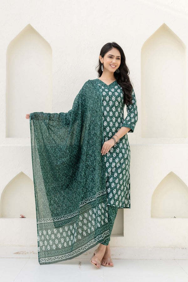 Green Cotton Dupatta Set