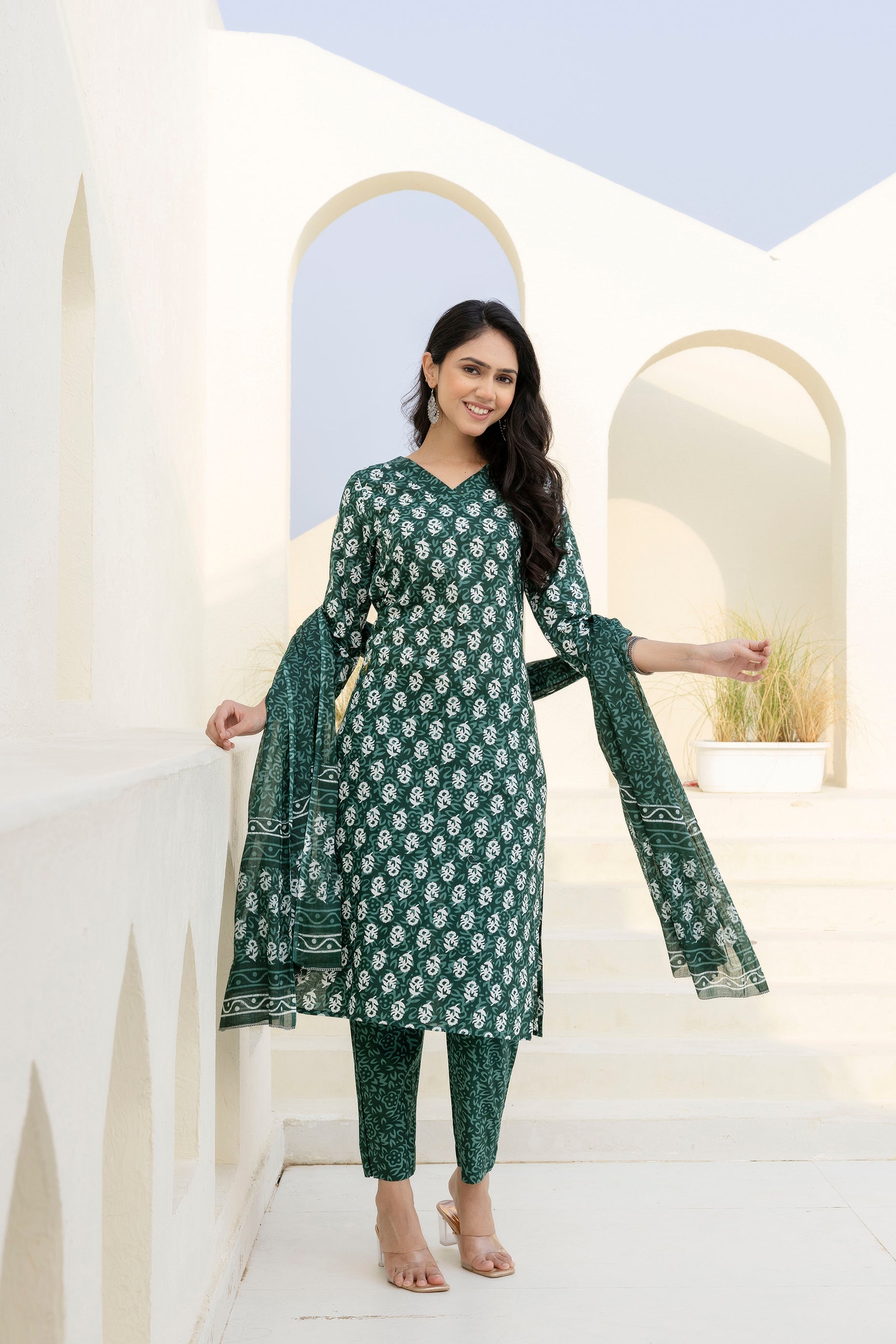Green Cotton Dupatta Set from Me&My