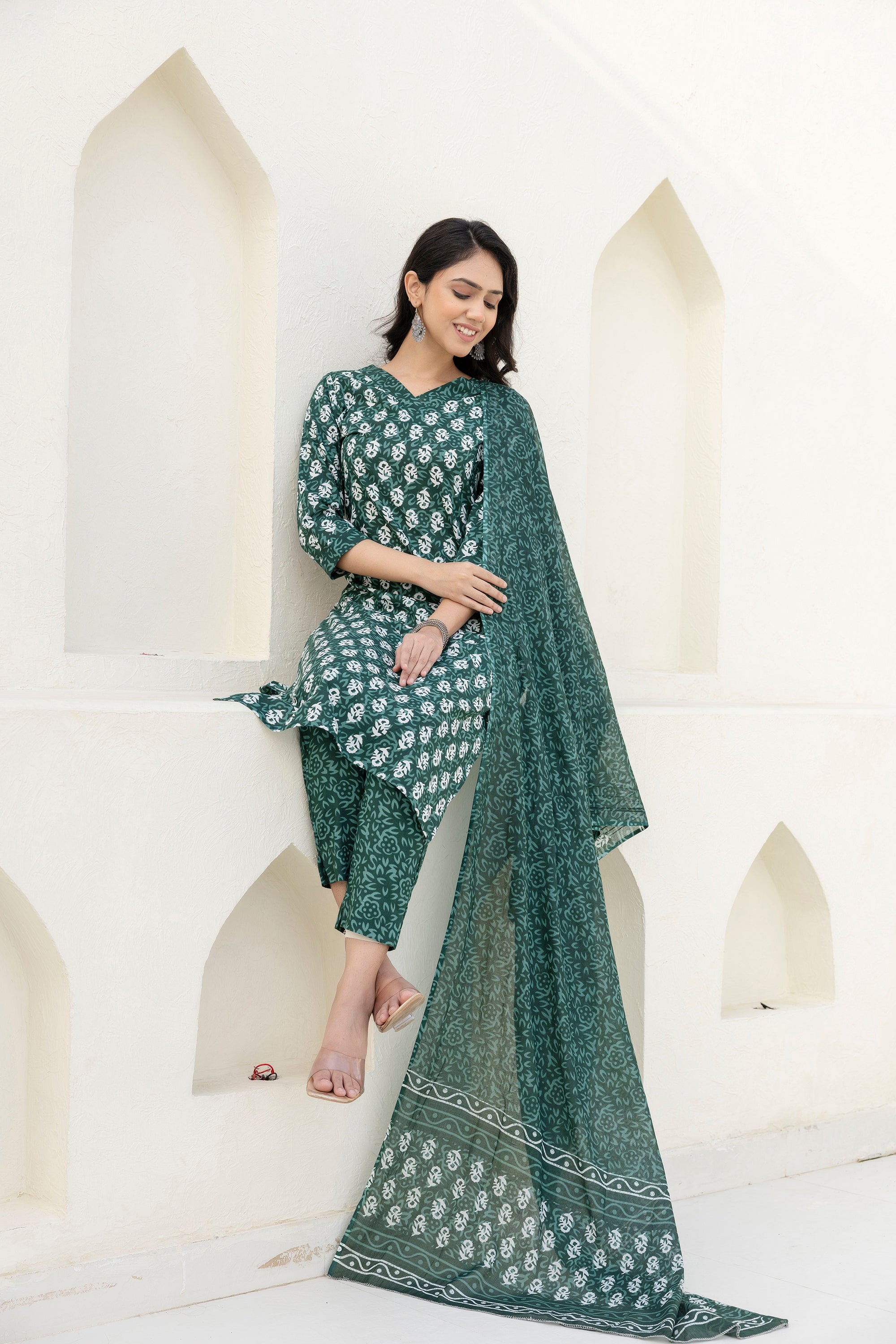 Green Cotton Dupatta Set from Me&My