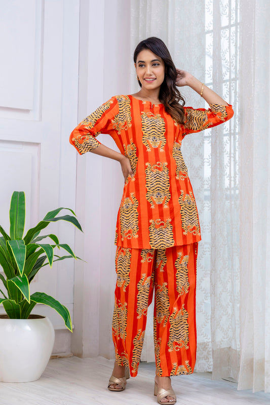 Orange Cotton Animal Print Co-ord Set - Me&My