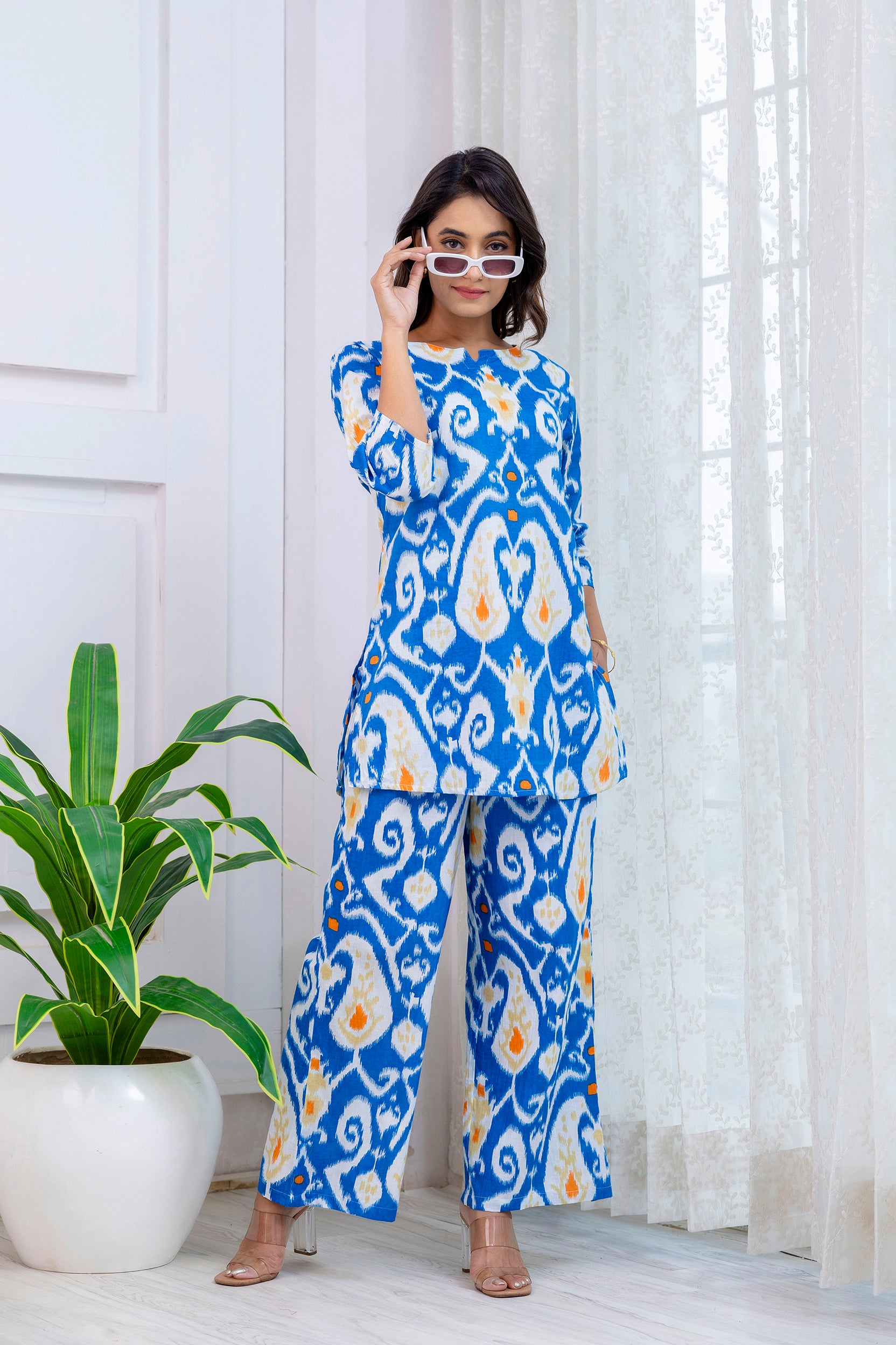 Blue Cotton Abstract Co-ord Set