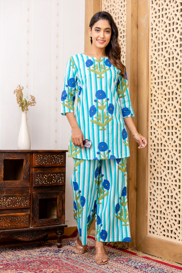 Blue Cotton Floral Co-ord Set
