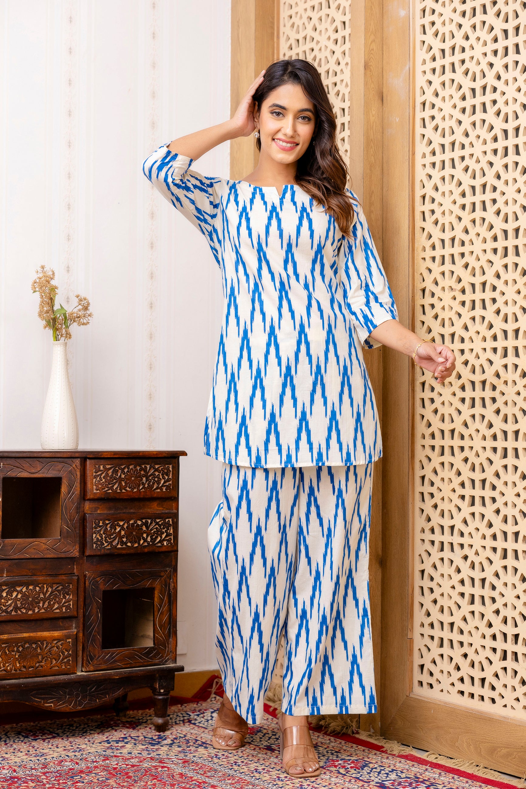 Blue Cotton Geometric Co-ord Set