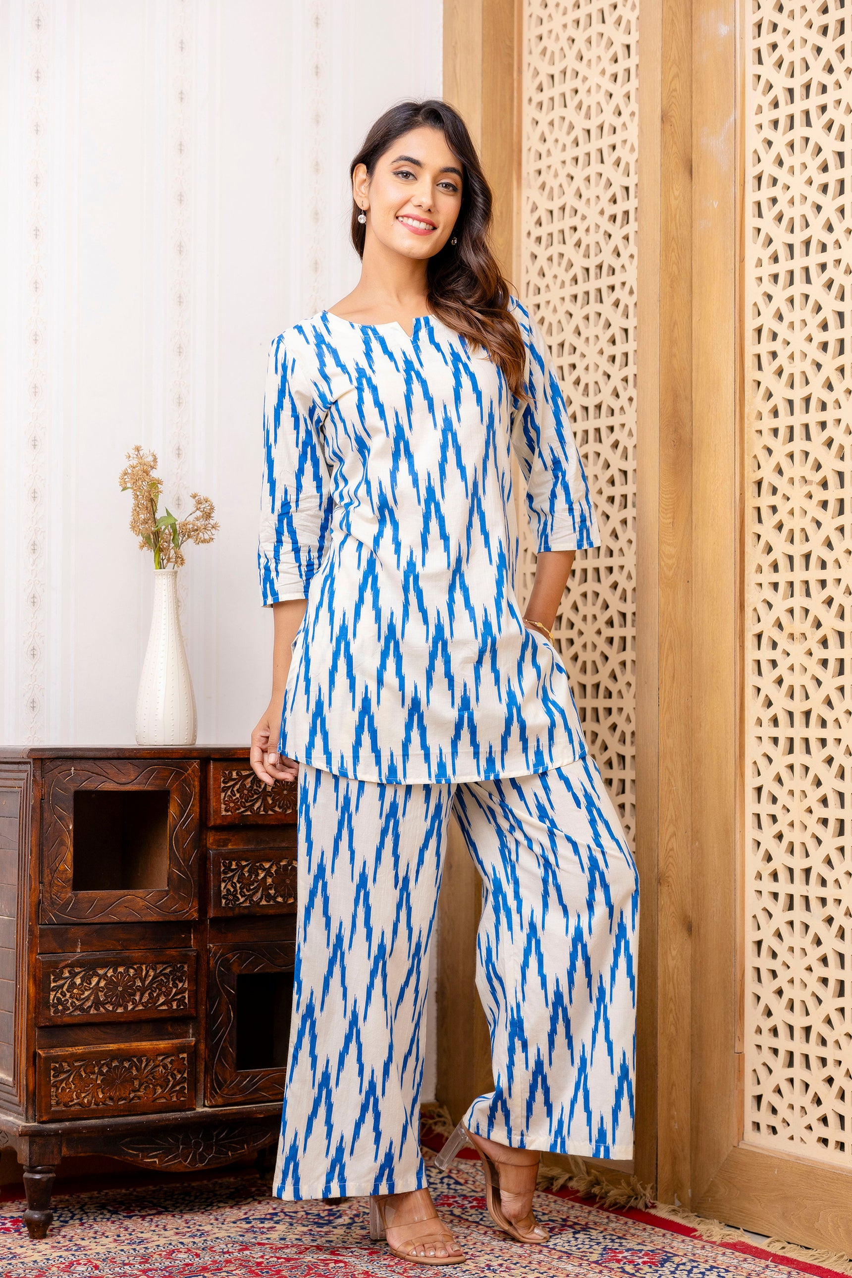 Blue Cotton Geometric Co-ord Set