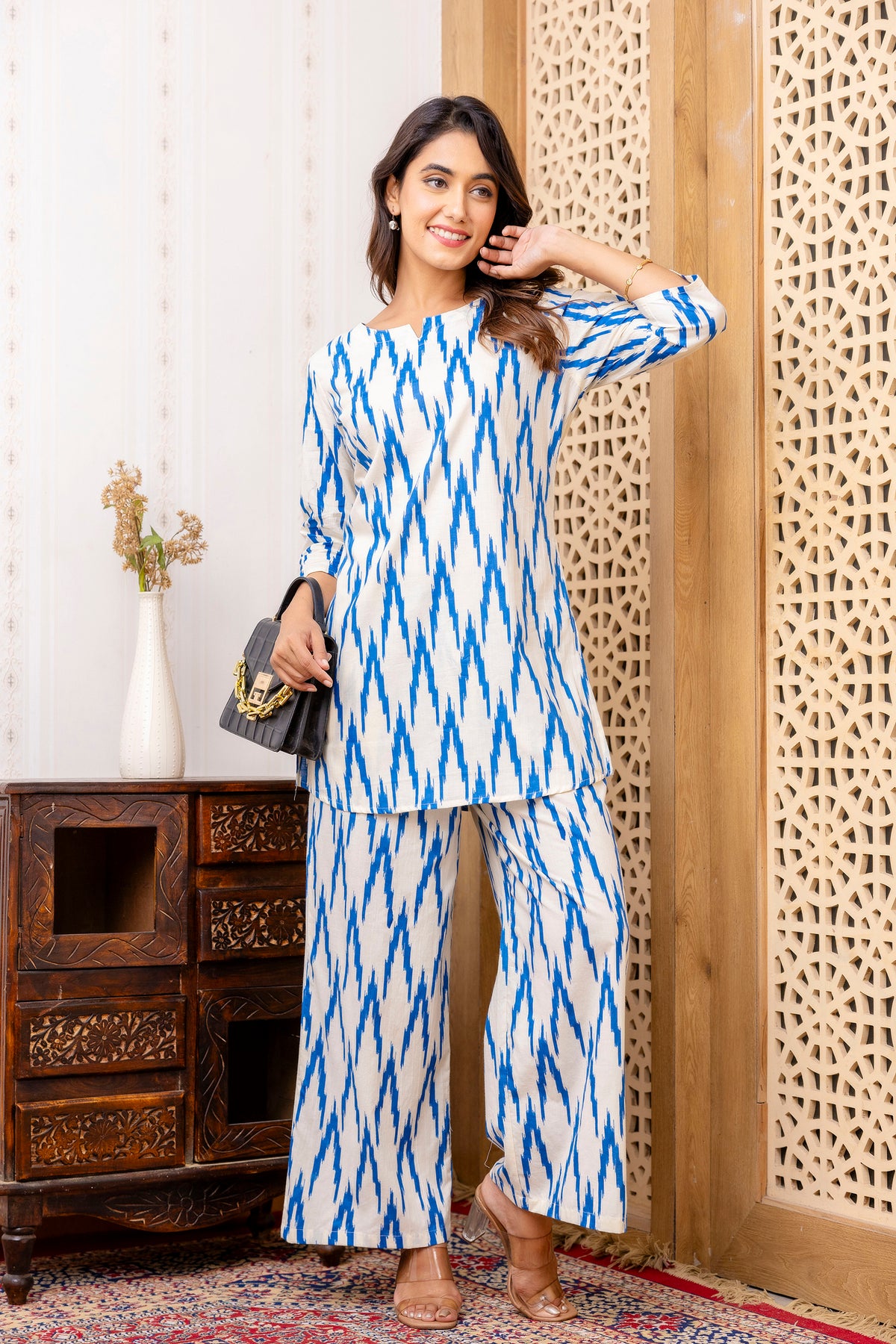 Blue Cotton Geometric Co-ord Set