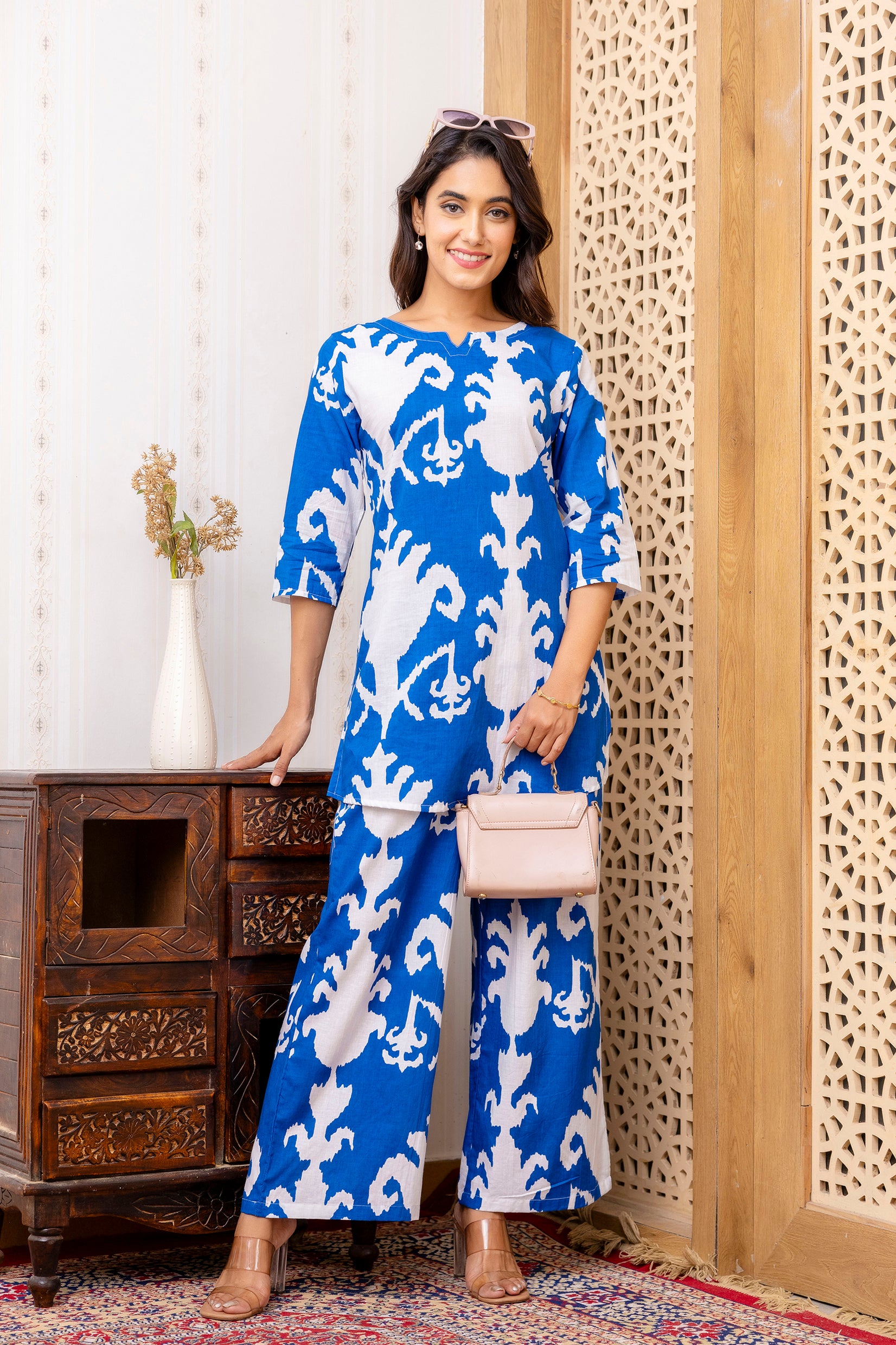 Blue Cotton Abstract Co-ord Set