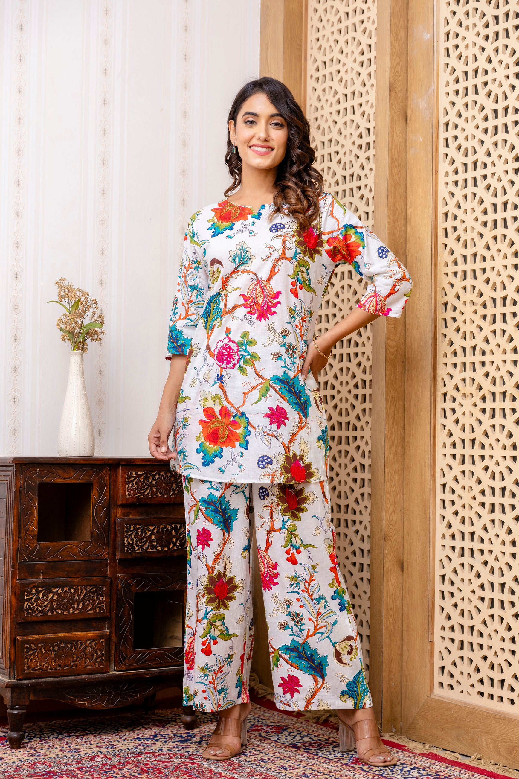 White Cotton Floral Co-ord Set