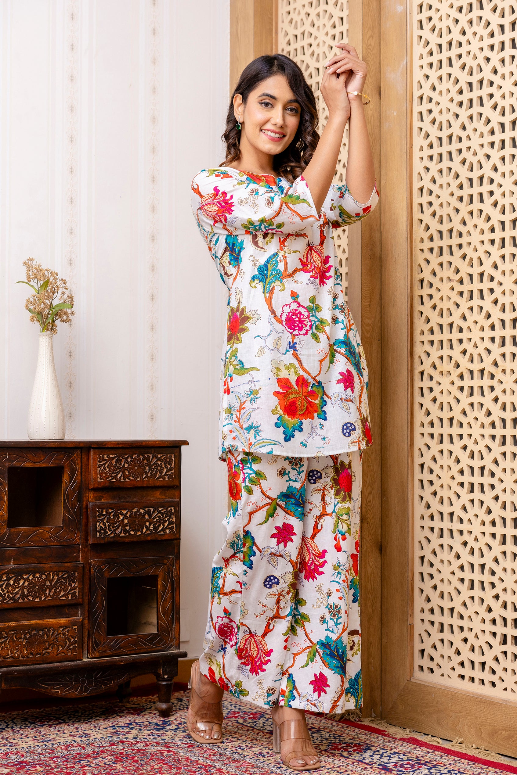 White Cotton Floral Co-ord Set