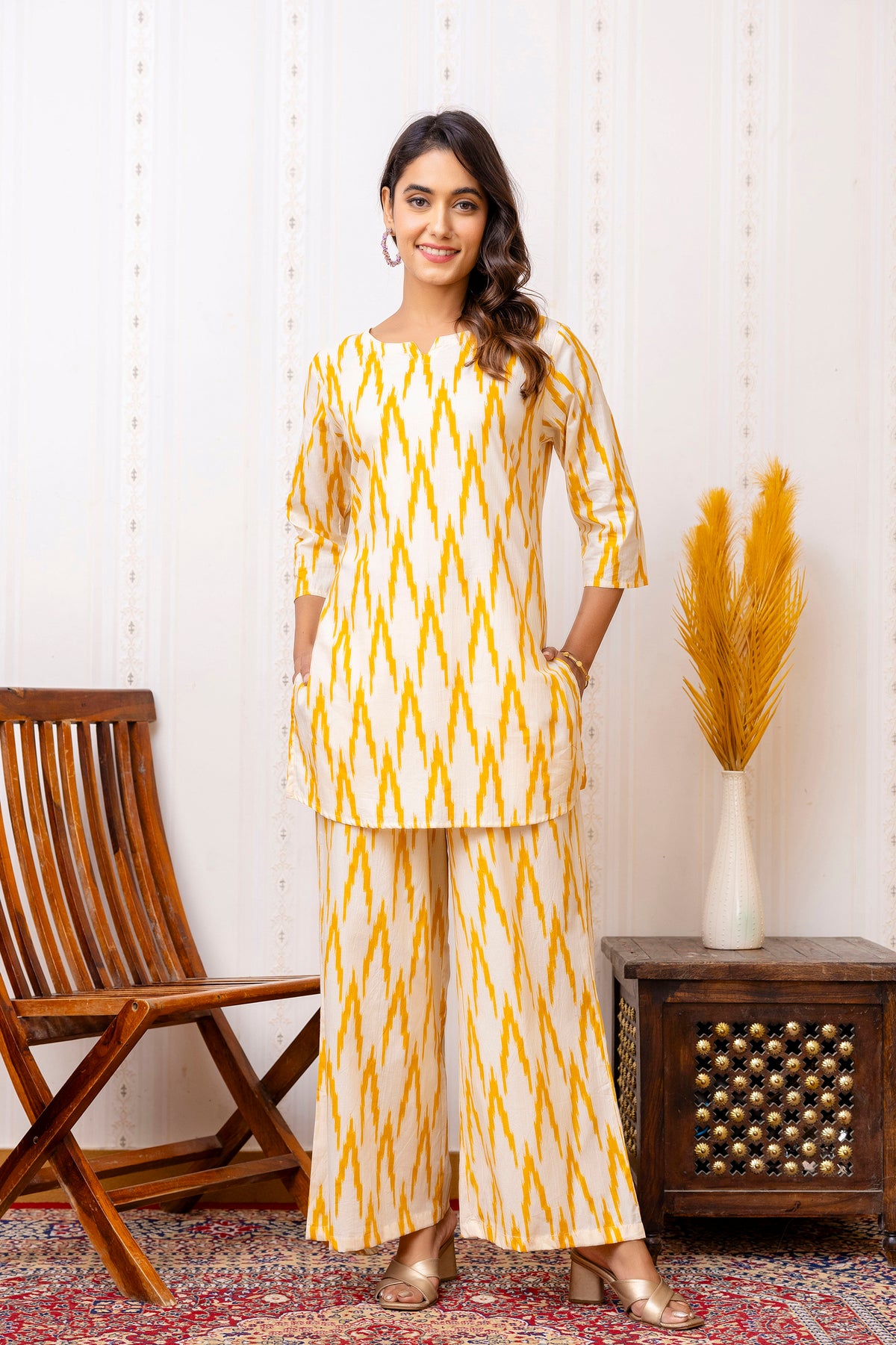 Yellow Cotton Geometric Co-ord Set