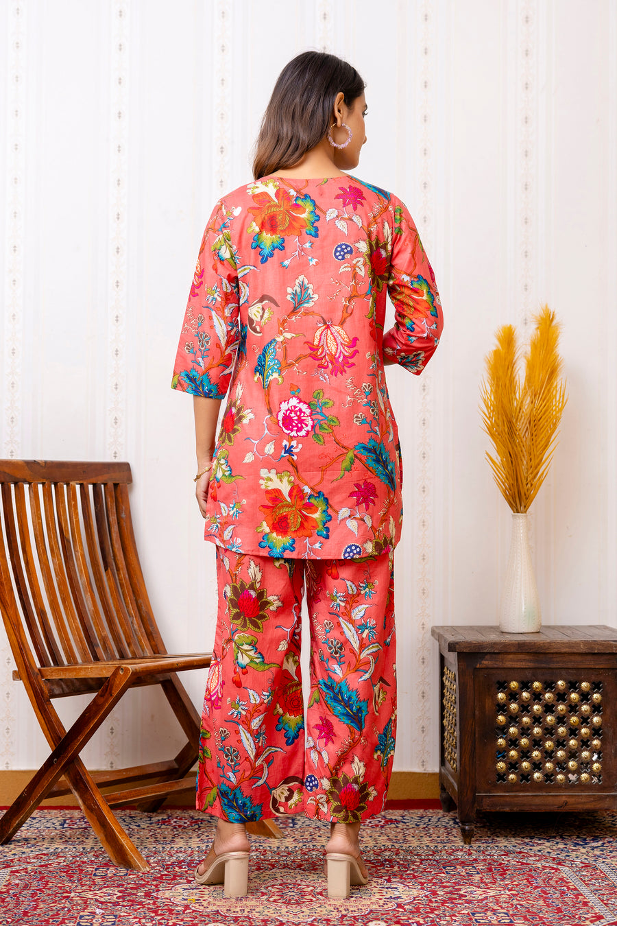 Vibrant Red Cotton Floral Co-ord Set — image 3