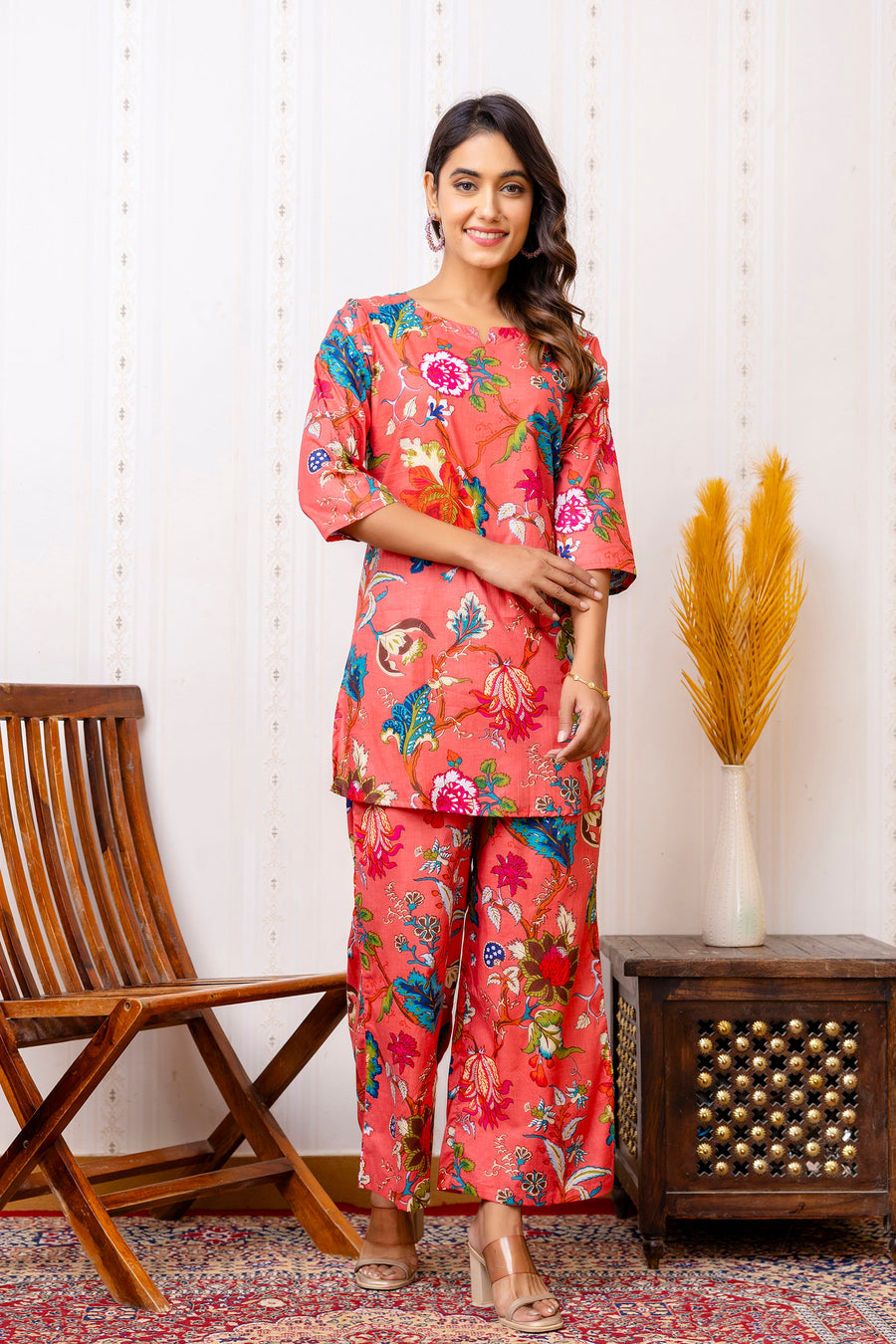 Vibrant Red Cotton Floral Co-ord Set — image 4