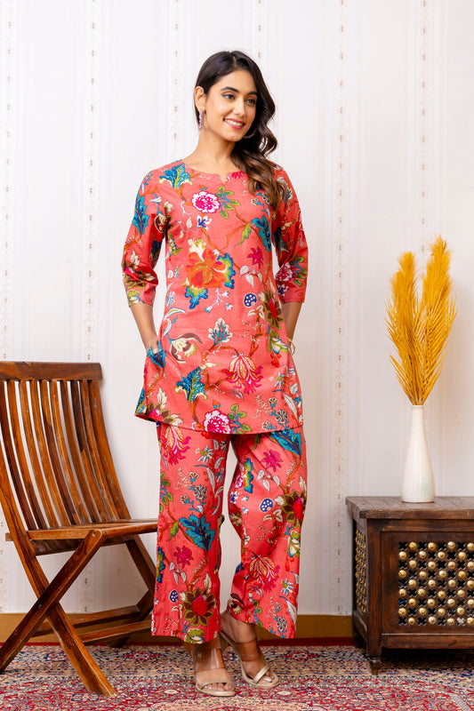 Vibrant Red Cotton Floral Co-ord Set - Me&My