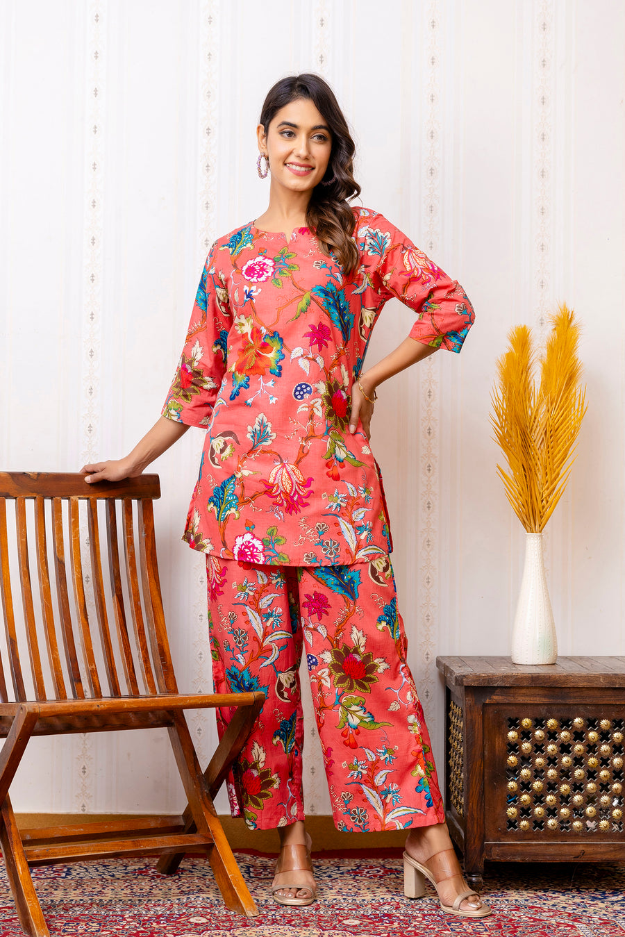 Vibrant Red Cotton Floral Co-ord Set — image 5
