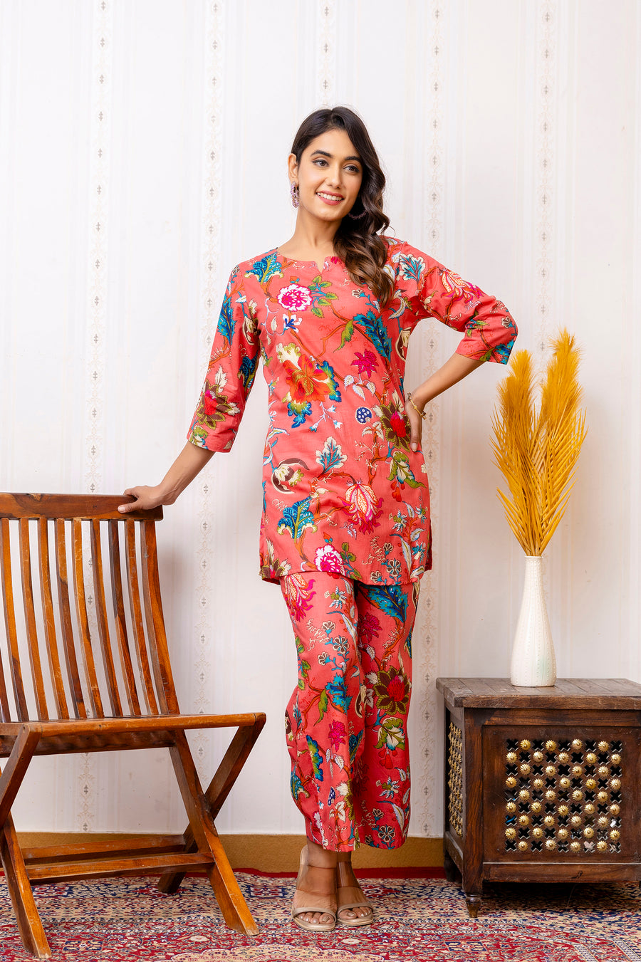 Vibrant Red Cotton Floral Co-ord Set — image 6