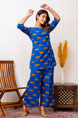 Stylish Blue Cotton Animal Print Co-ord Set