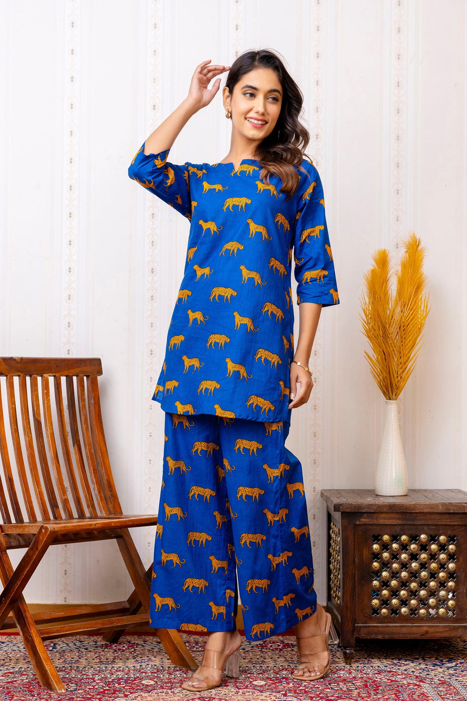 Stylish Blue Cotton Animal Print Co-ord Set