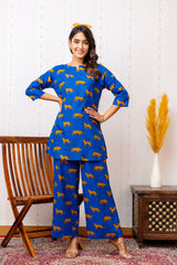 Stylish Blue Cotton Animal Print Co-ord Set