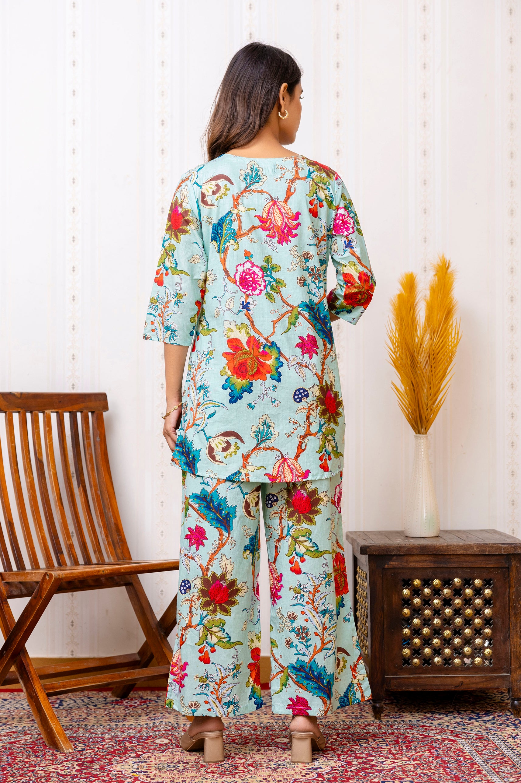 Elegant Blue Cotton Floral Co-ord Set