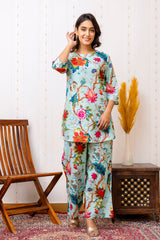 Elegant Blue Cotton Floral Co-ord Set