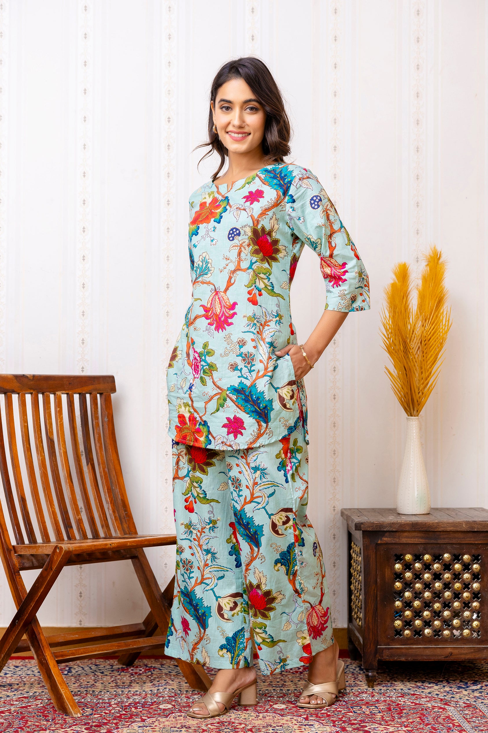 Elegant Blue Cotton Floral Co-ord Set