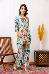 Elegant Blue Cotton Floral Co-ord Set