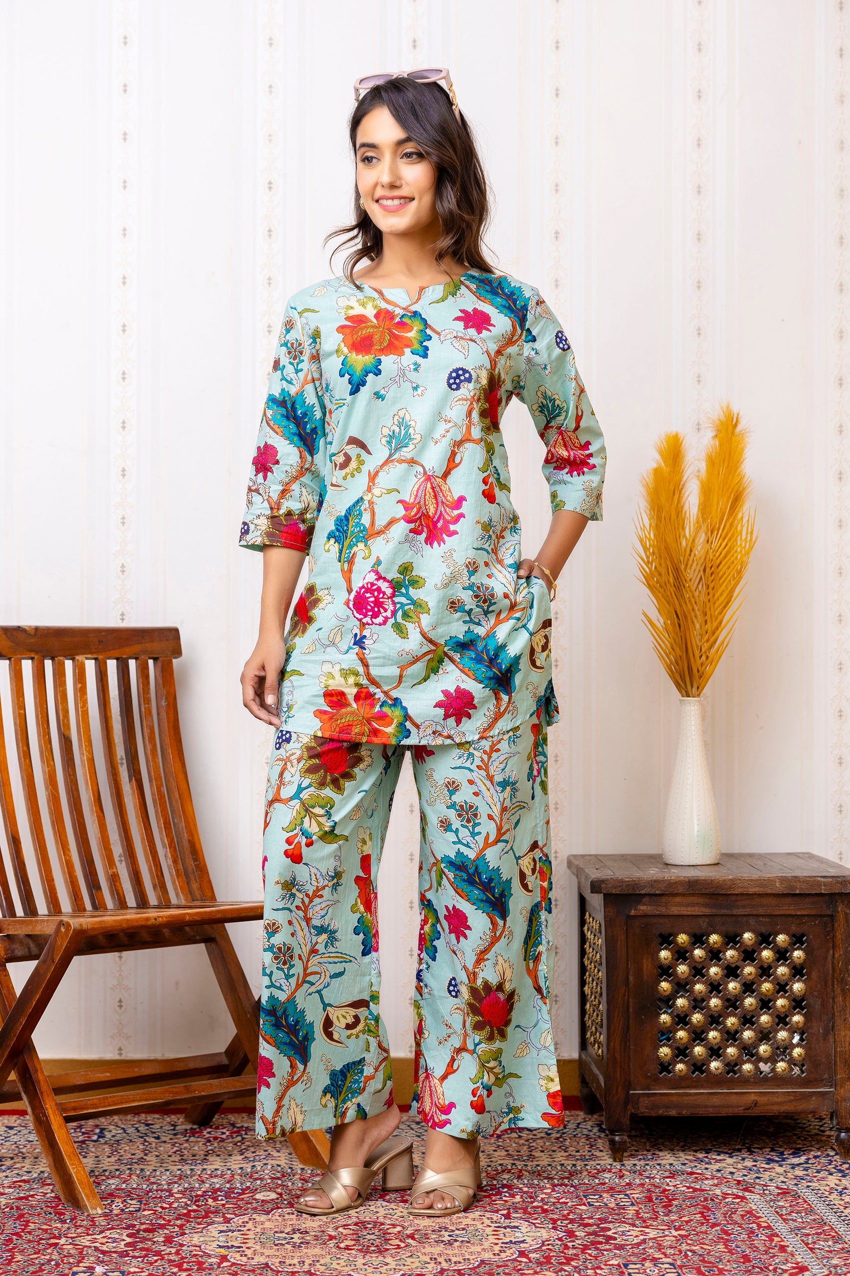 Elegant Blue Cotton Floral Co-ord Set