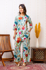 Elegant Blue Cotton Floral Co-ord Set - Me&My