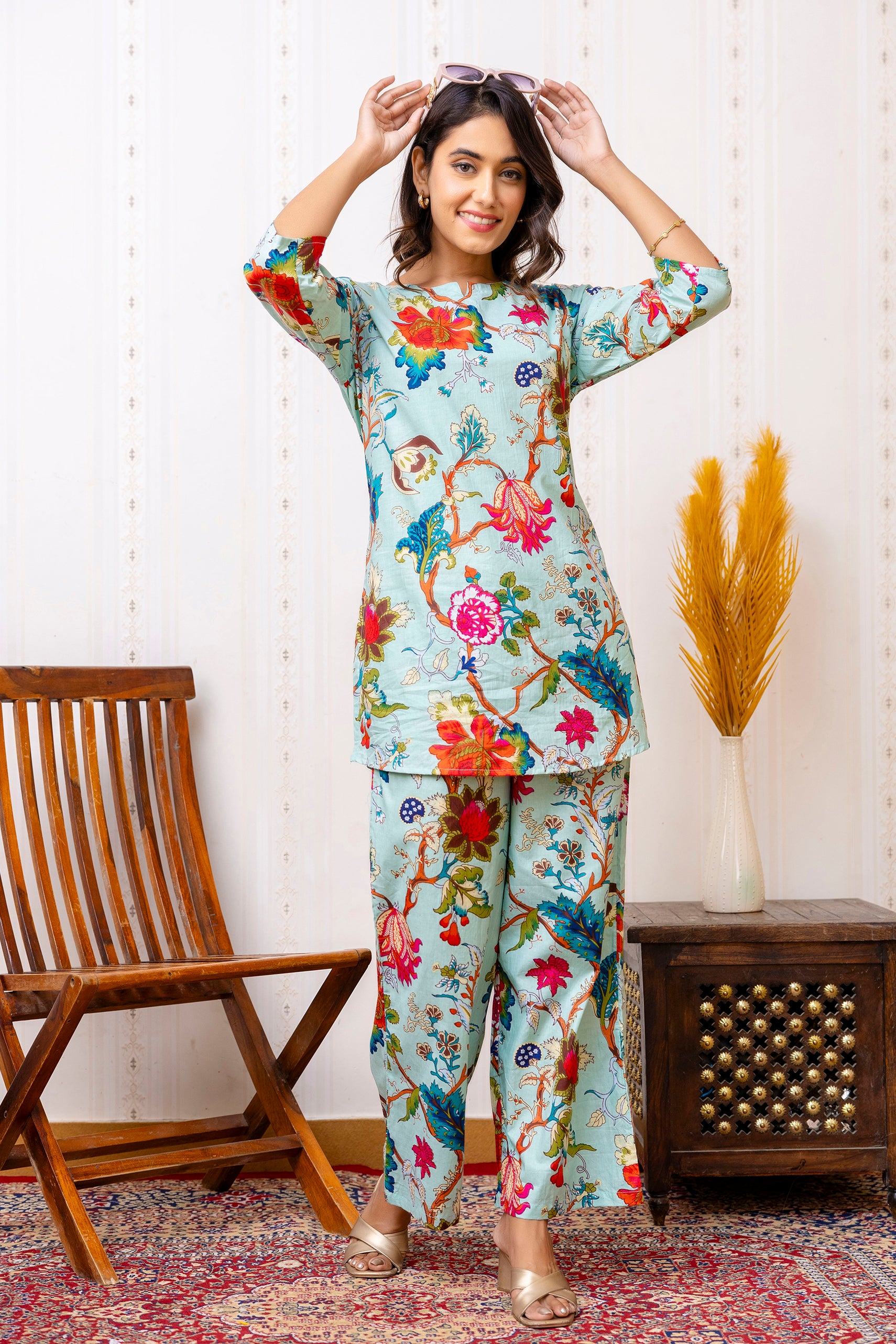 Elegant Blue Cotton Floral Co-ord Set