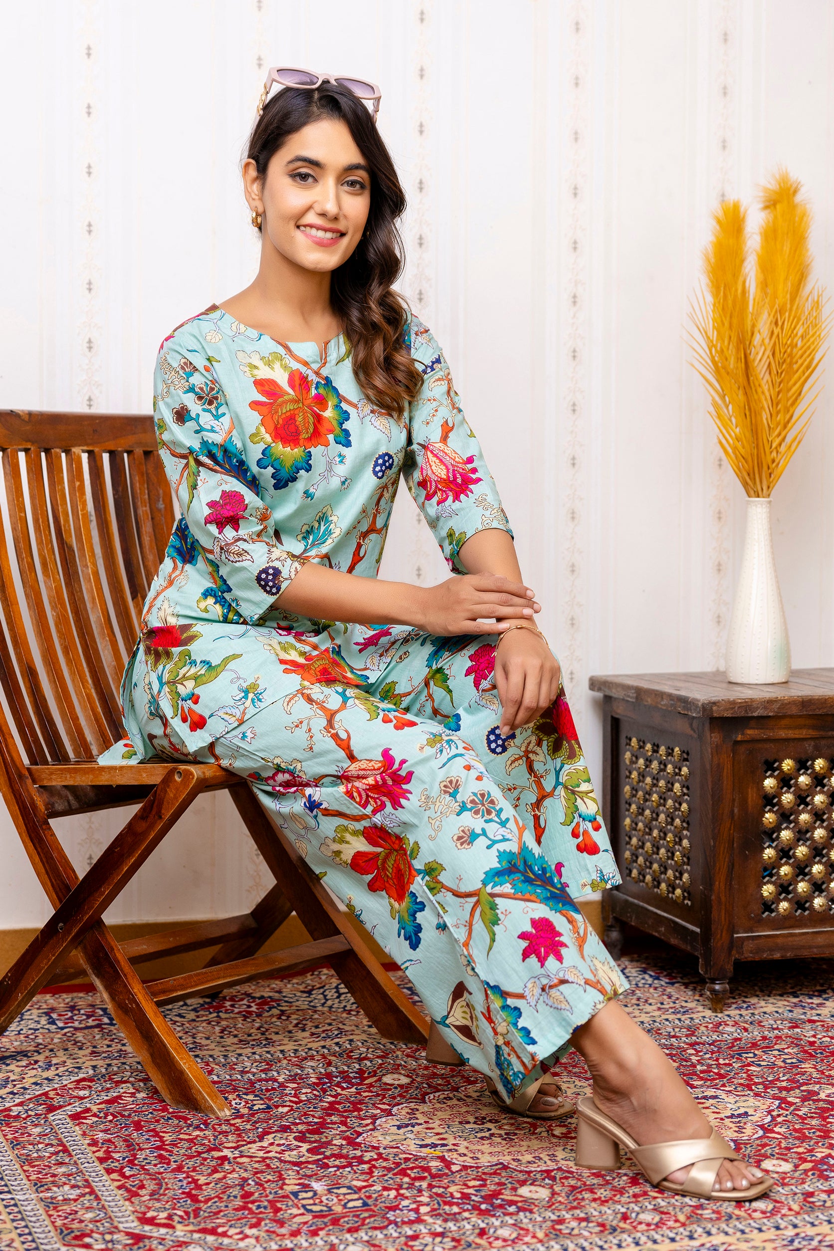 Elegant Blue Cotton Floral Co-ord Set