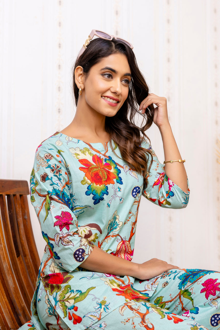 Elegant Blue Cotton Floral Co-ord Set — image 9