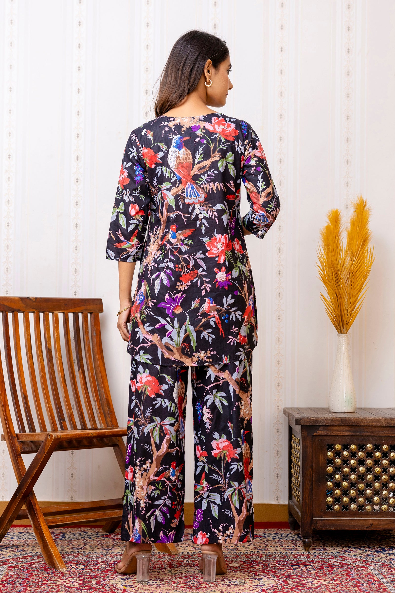 Elegant Black Cotton Botanical Co-ord Set