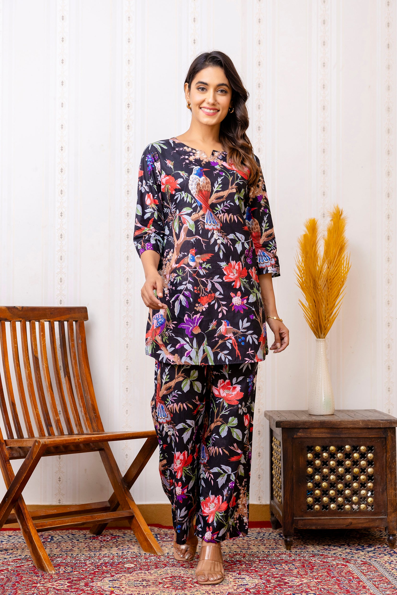 Elegant Black Cotton Botanical Co-ord Set